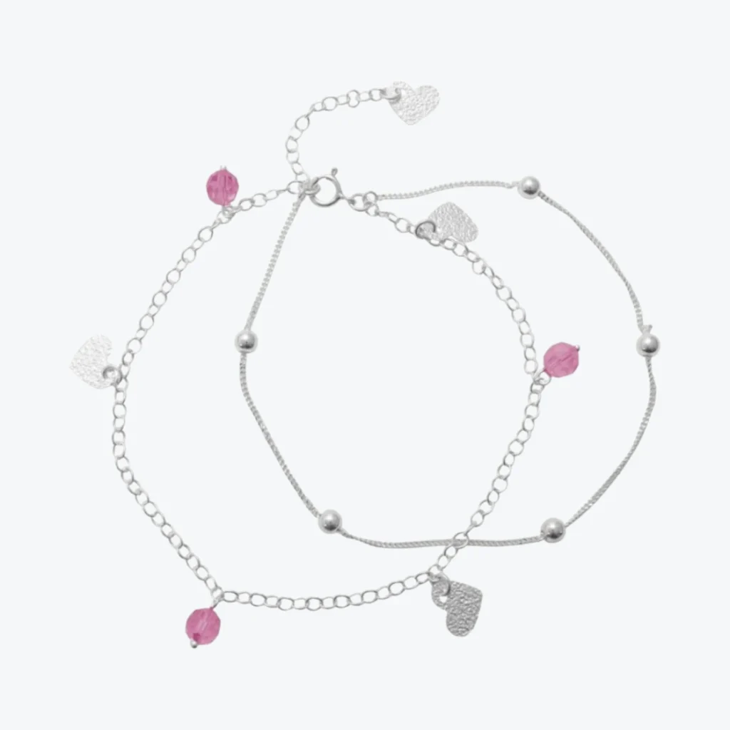 Tobillera De Plata 925 Doble Cadena Corazones Circones