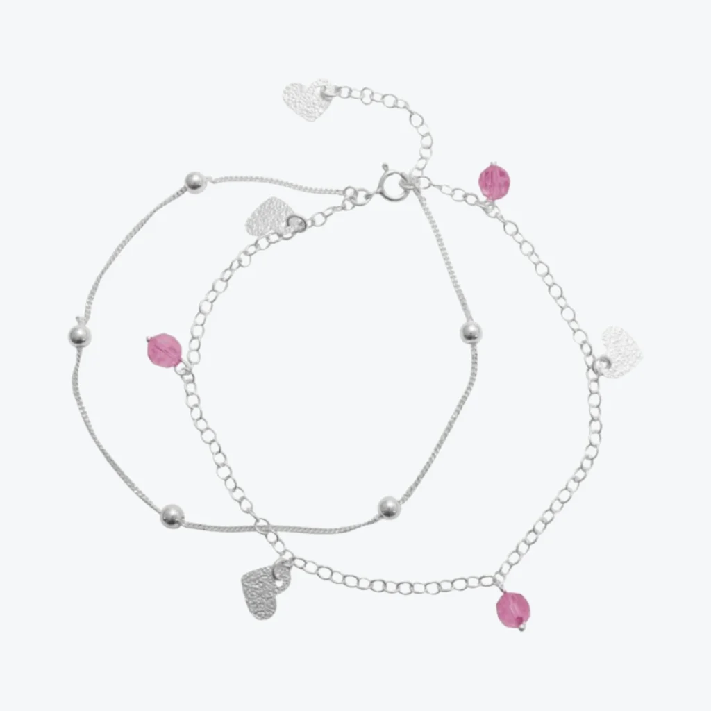 Tobillera De Plata 925 Doble Cadena Corazones Circones