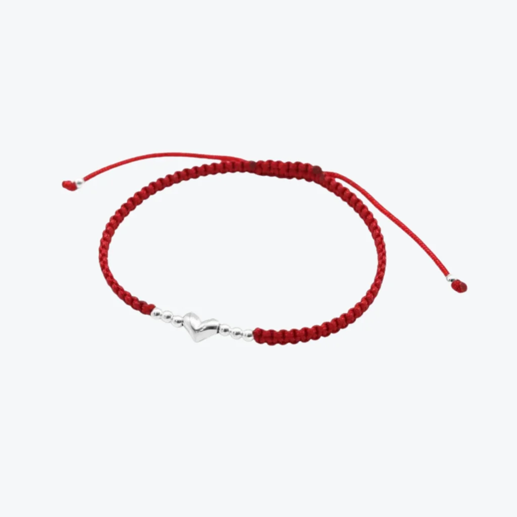 Pulsera de Plata 925 Macramé Roja Esferas y Corazón