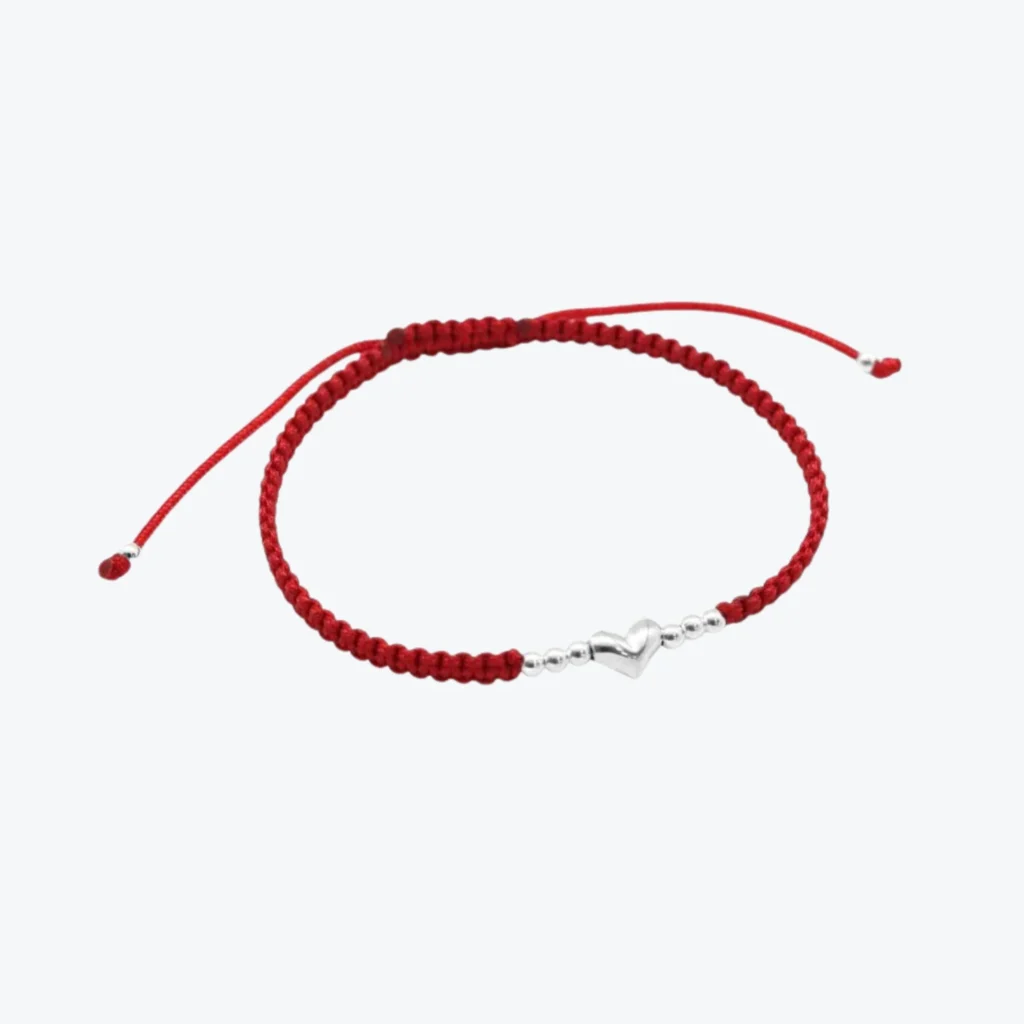 Pulsera de Plata 925 Macramé Roja Esferas y Corazón