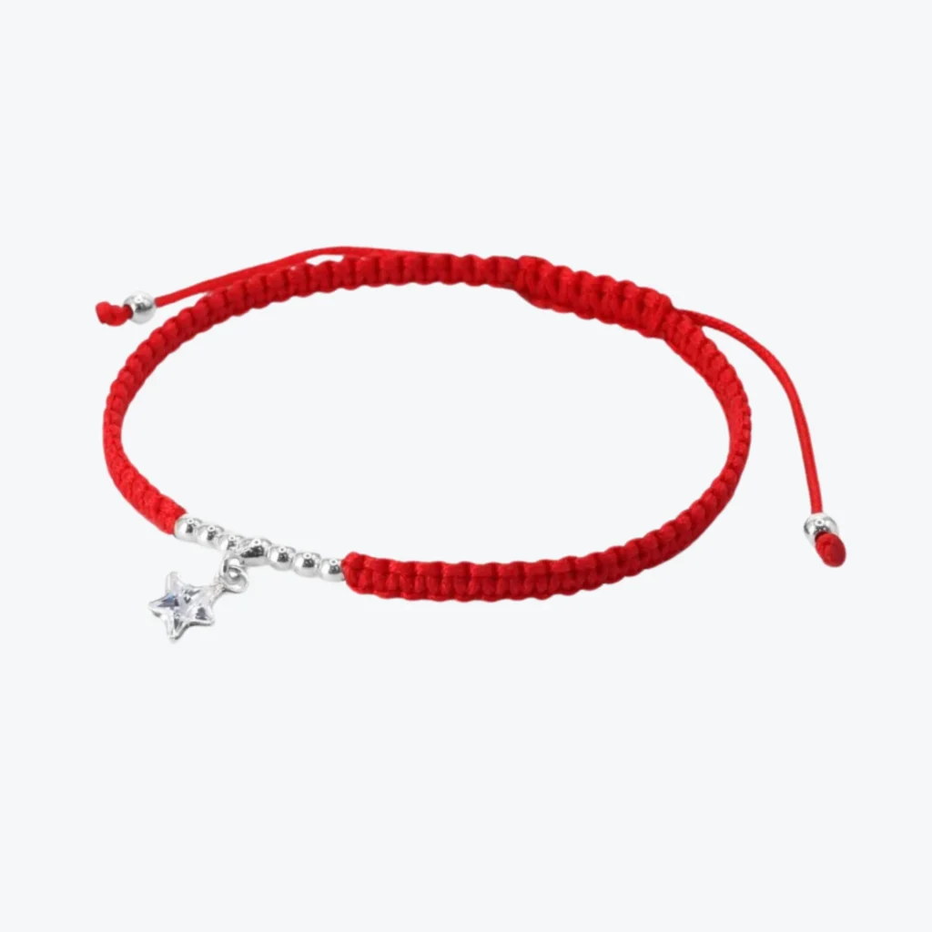 Pulsera de Plata 925 Macramé Roja Serie Esferas y Estrella con Circón