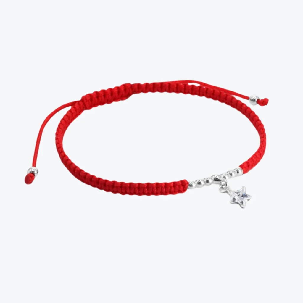 Pulsera de Plata 925 Macramé Roja Serie Esferas y Estrella con Circón