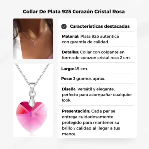 Collar De Plata 925 Corazón Cristal Rosa Caracteristicas