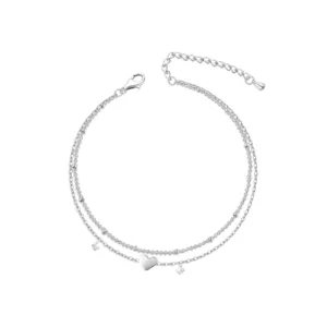 Tobillera Plateada con Circonitas y Dije Corazón 21 cm Derecha