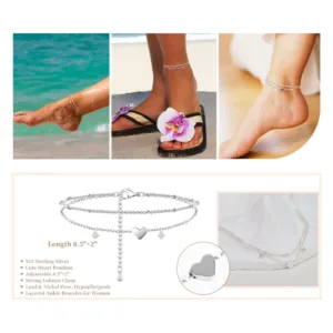 Tobillera Plateada con Circonitas y Dije Corazón 21 cm Modelo