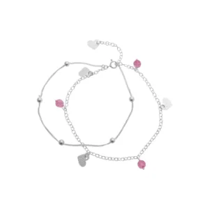 Tobillera de Plata Doble Cadena con Corazones y Circones