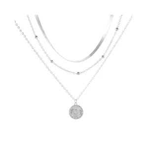 Collar acero plateado tres capas con colgante circular