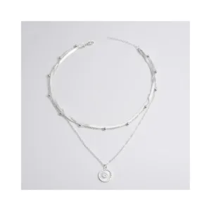 Collar acero plateado tres capas con colgante circular Gris