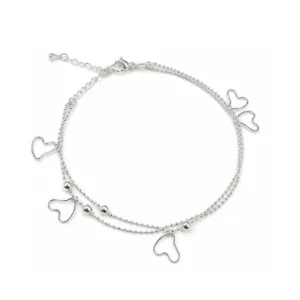 Tobillera Doble Cadena Ovalos Corazones Colgantes