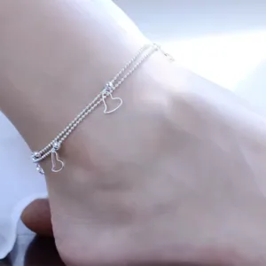 Tobillera Doble Cadena Ovalos Corazones Colgantes Pie