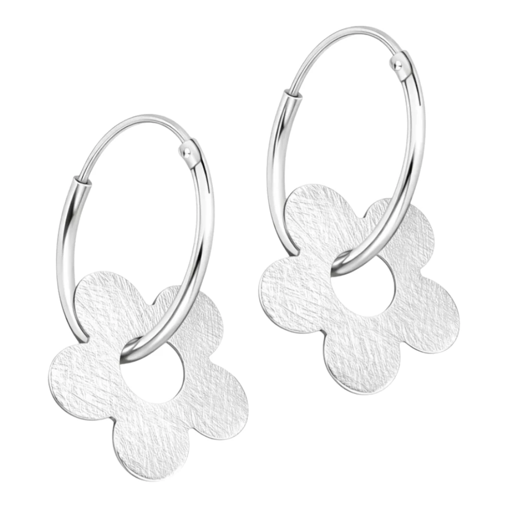 Argollas plata 925 con dije de flor satinada derecha Argollas plata 925 con dije de flor satinada derecha