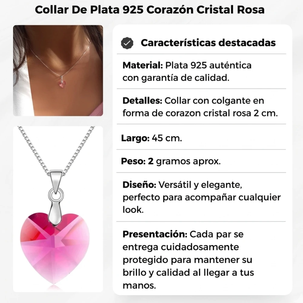 Collar de plata 925 corazón cristal rosa caracteristicas Collar de plata 925 corazón cristal rosa caracteristicas