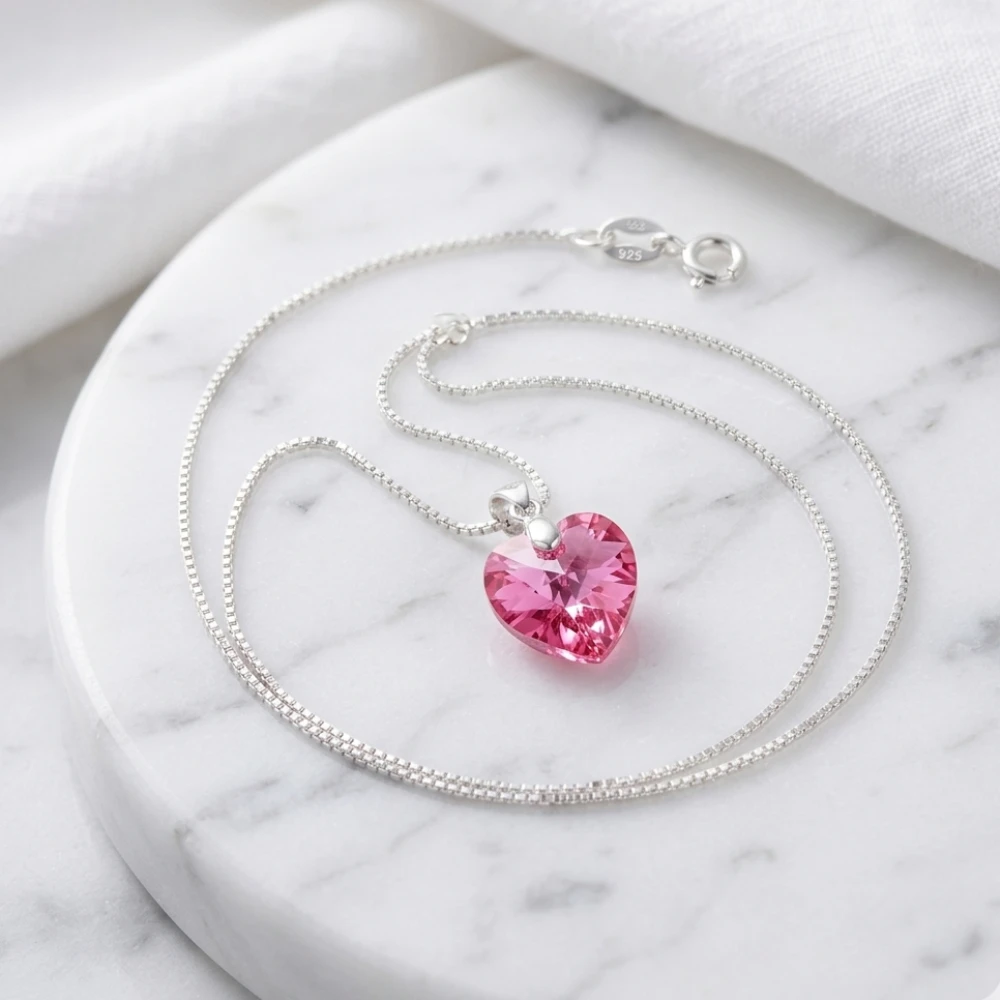 Collar de plata 925 corazón cristal rosa marmol Collar de plata 925 corazón cristal rosa marmol