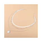 Collar-acero-plateado-tres-capas-con-colgante-circular-rosa Collar-acero-plateado-tres-capas-con-colgante-circular-rosa