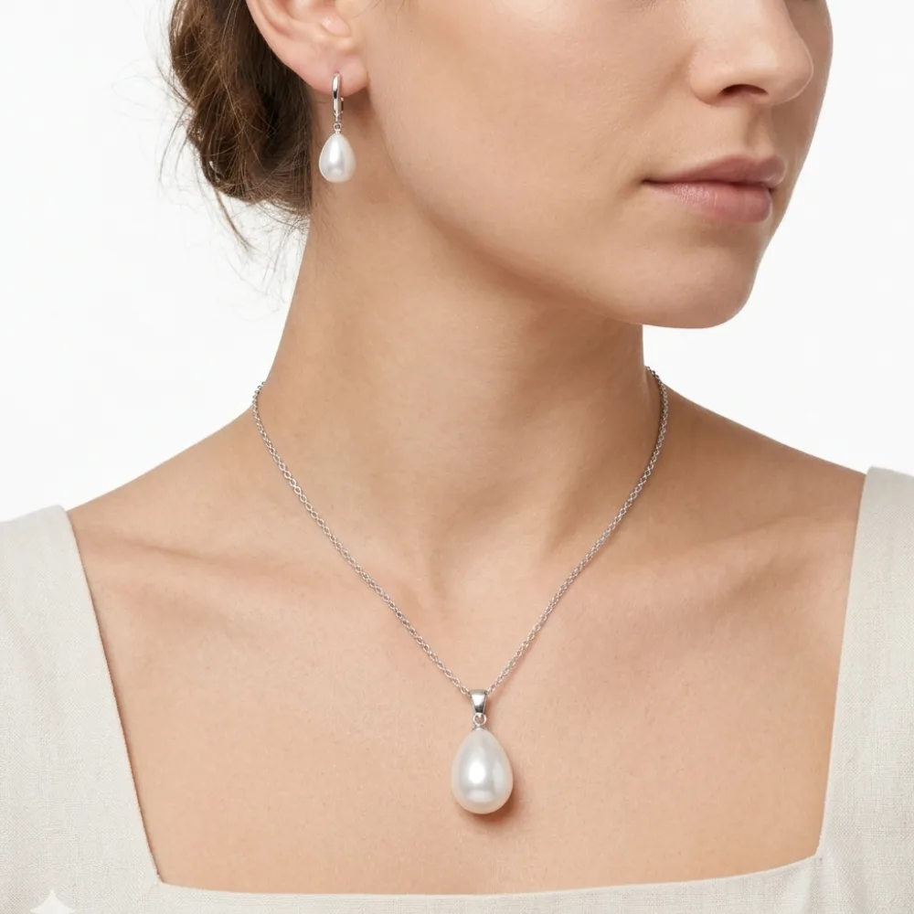 Conjunto collar y aros con perla gota de agua mujer Conjunto collar y aros con perla gota de agua mujer