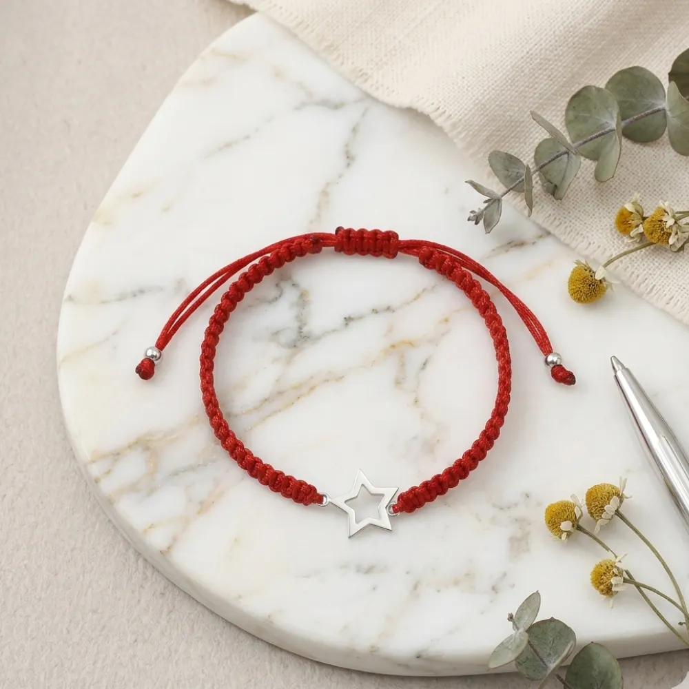 Pulsera de macramé roja con figura de plata 925 estrella flores Pulsera de macramé roja con figura de plata 925 estrella flores