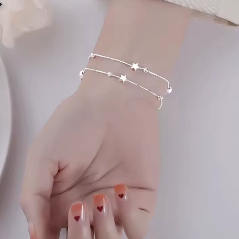 Pulsera doble cadena con estrella plateada ajustable palma Pulsera estrella doble cadena plateada