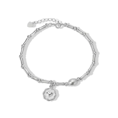 Pulsera Corazón Perla y Cuencas Plateada — Silverglam Pulsera Corazón Perla y Cuencas Plateada — Silverglam