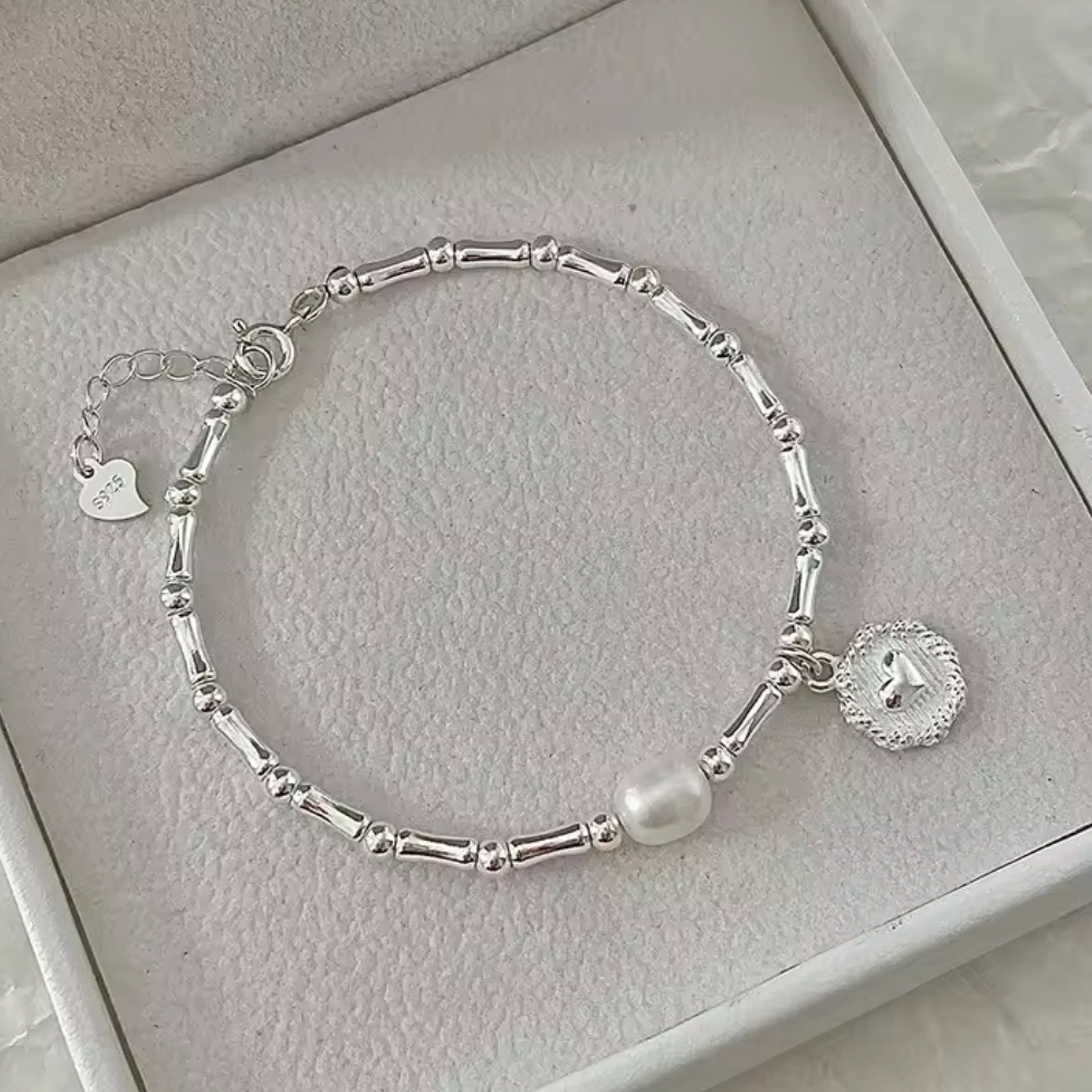Pulsera plata corazón cuencas bastones con perla 17 cm caja Pulsera plata corazón cuencas bastones con perla 17 cm caja