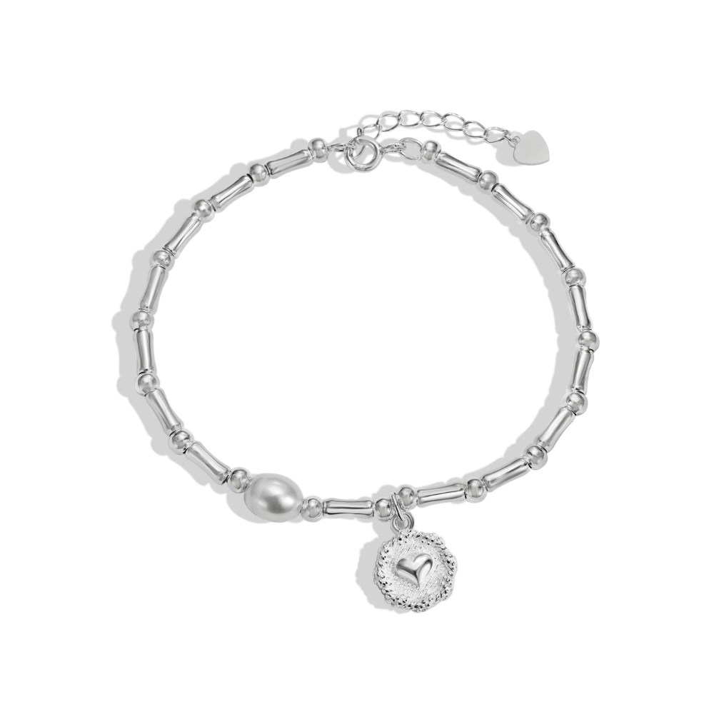 Pulsera plata corazón cuencas bastones con perla 17 cm derecha Pulsera plata corazón cuencas bastones con perla 17 cm derecha