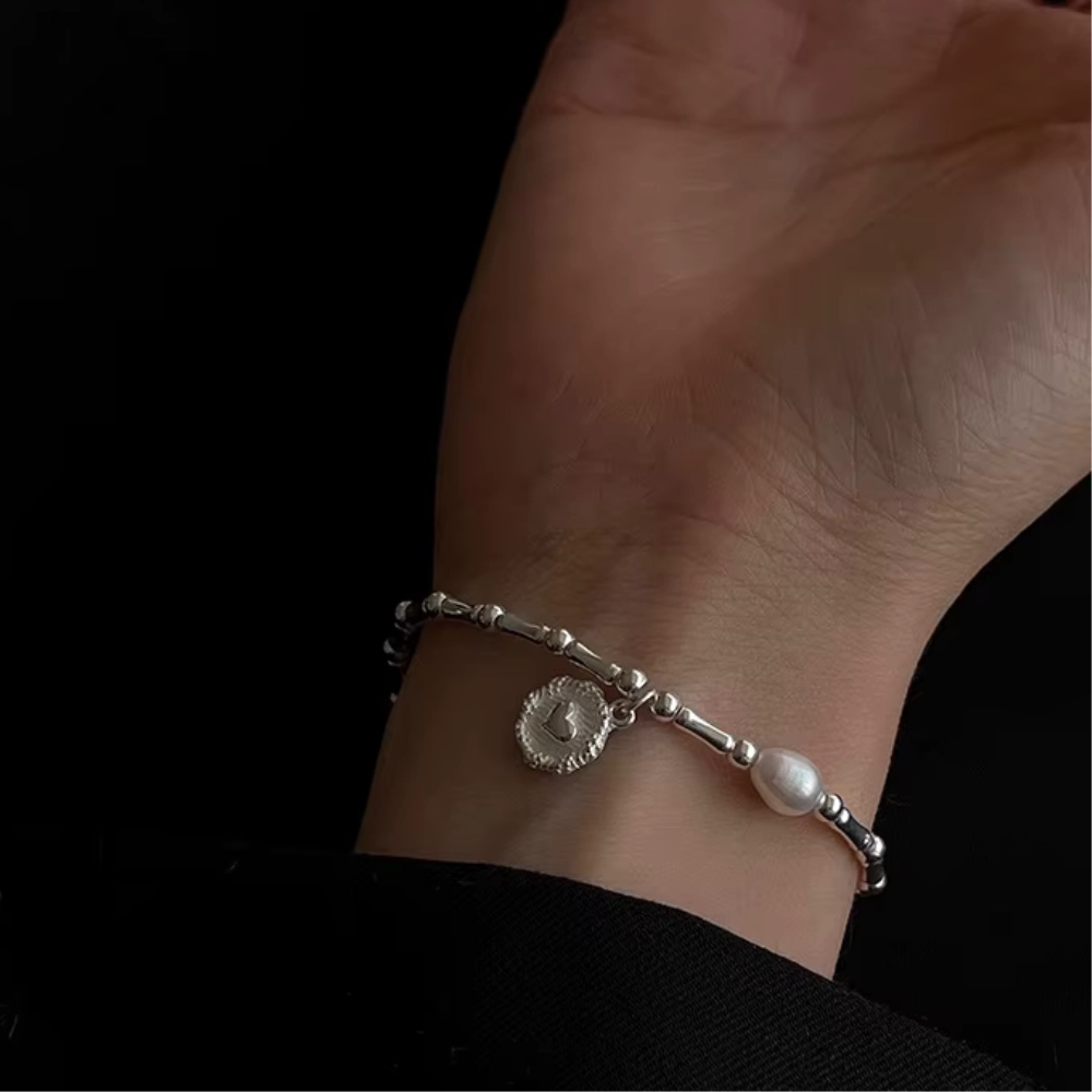 Pulsera plata corazón cuencas bastones con perla 17 cm mano Pulsera plata corazón cuencas bastones con perla 17 cm mano