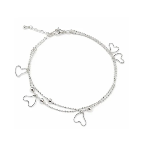 Tobillera Doble Cadena Corazones Colgantes — Silverglam Tobillera Doble Cadena Corazones Colgantes — Silverglam