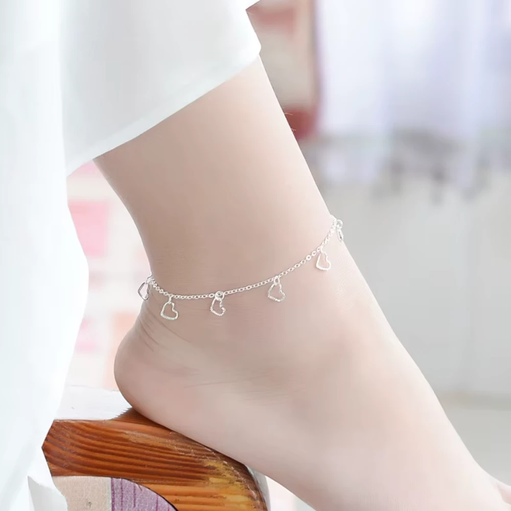 Tobillera plata corazones colgantes modelo Tobillera plata corazones colgantes modelo