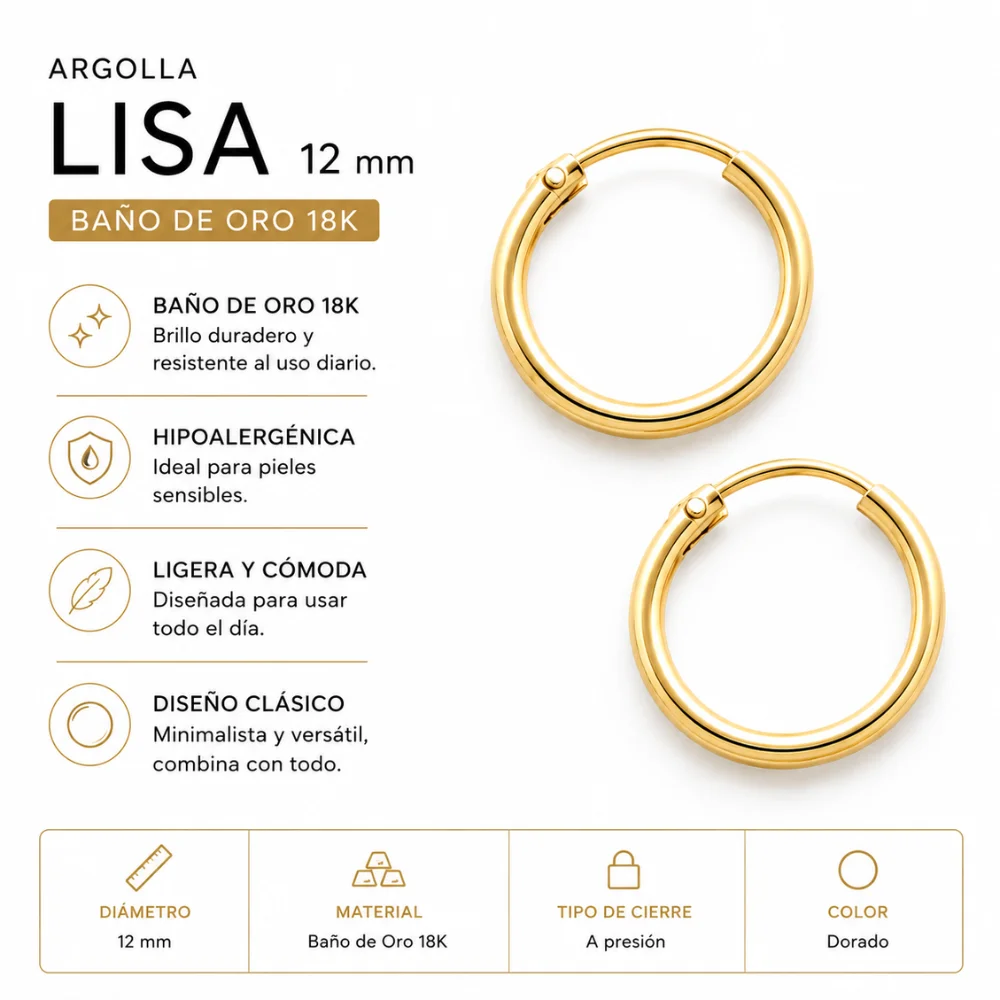 Aros argolla lisa 12 mm baño de oro 18k caracteristicas Aros argolla lisa 12 mm baño de oro 18k caracteristicas