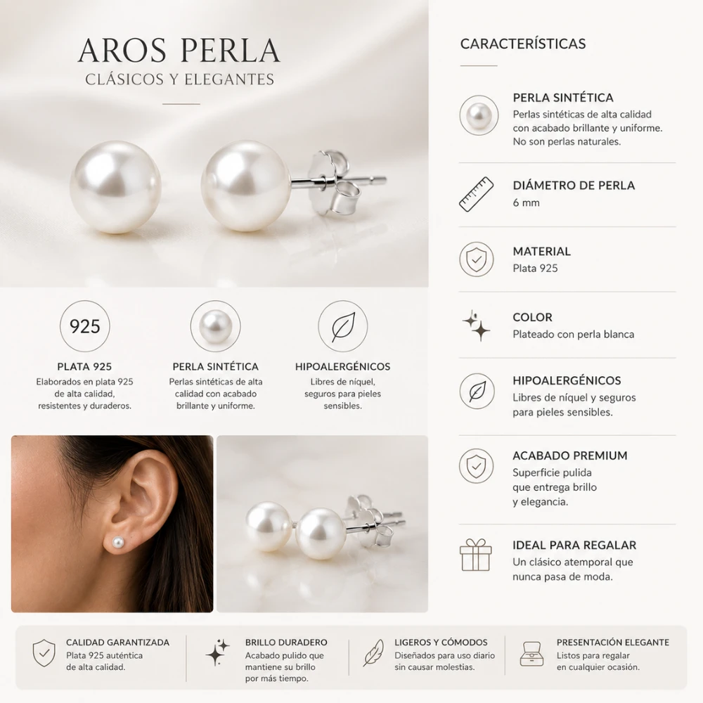 Aros perla 6 mm plata 925 caracteristicas Aros perla 6 mm plata 925