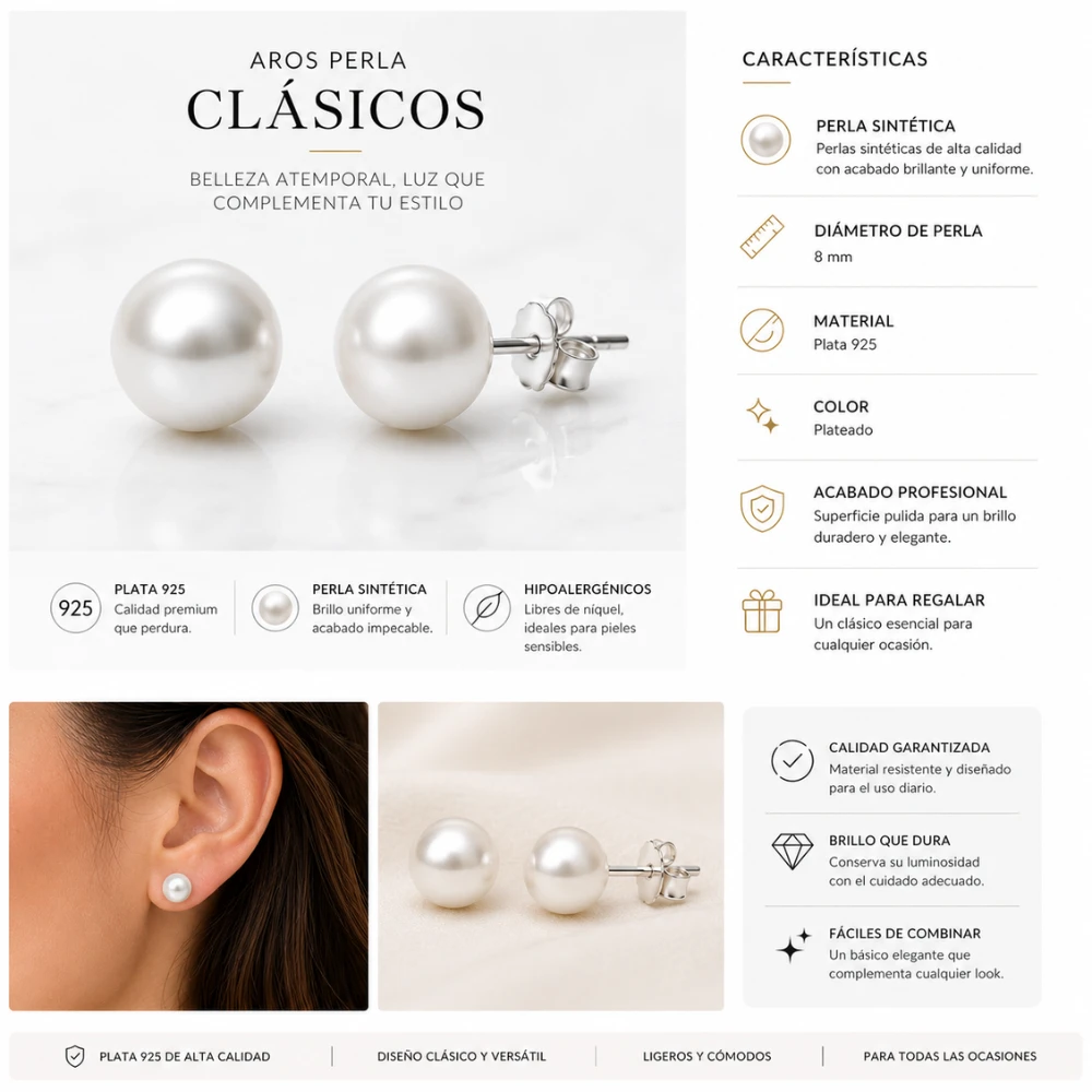 Aros perla 8 mm plata 925 caracteristicas Aros perla 8 mm plata 925 caracteristicas