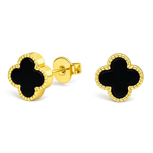 Aros Trébol Ónix 8 mm Baño de Oro 18K | Silverglam Aros Trébol Ónix 8 mm Baño de Oro 18K | Silverglam