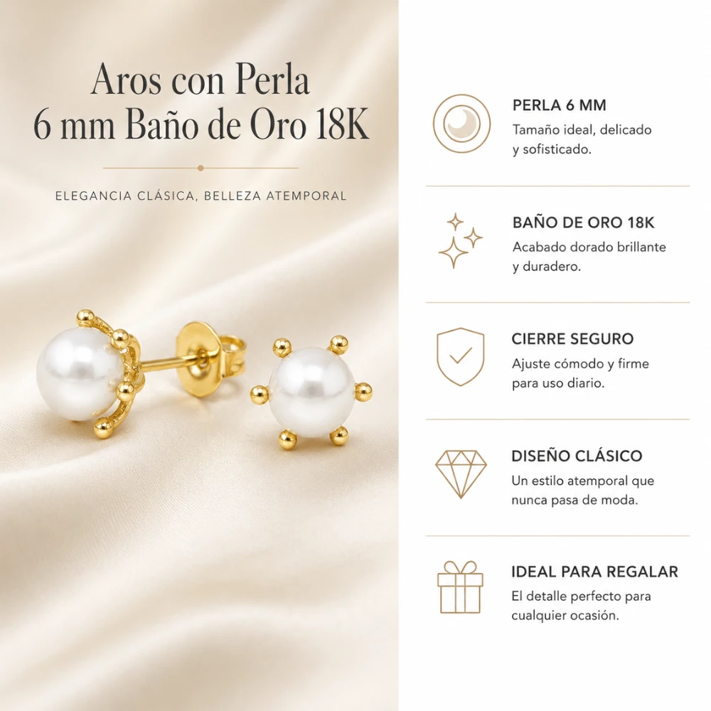 Aros con perla 6 mm baño de oro 18k cacteristicas Aros con perla 6 mm baño de oro 18k cacteristicas
