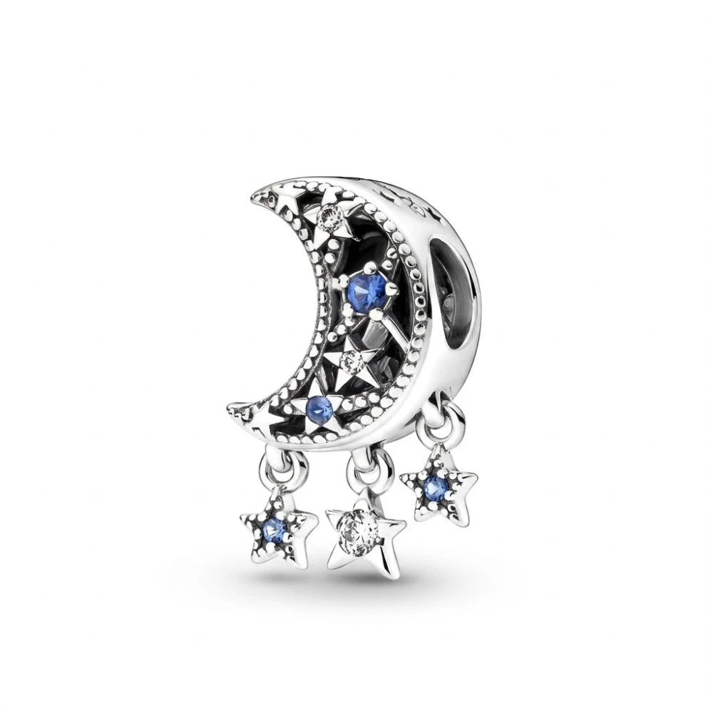 Charm plateado luna y estrellas colgantes con circones derecha Charm plateado luna y estrellas colgantes con circones derecha