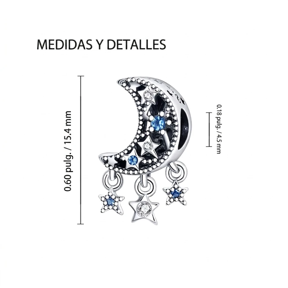 Charm plateado luna y estrellas colgantes con circones medidas Charm plateado luna y estrellas colgantes con circones medidas