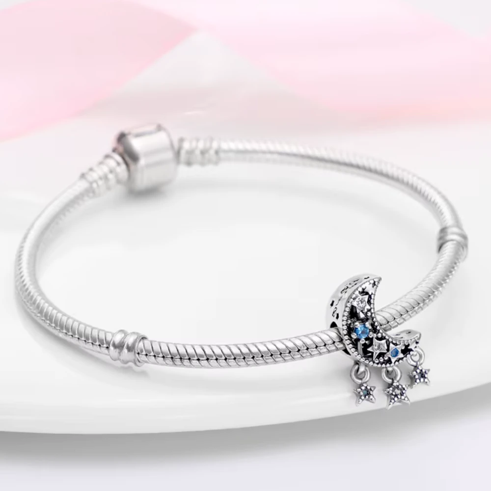 Charm plateado luna y estrellas colgantes con circones pulsera Charm plateado luna y estrellas colgantes con circones pulsera