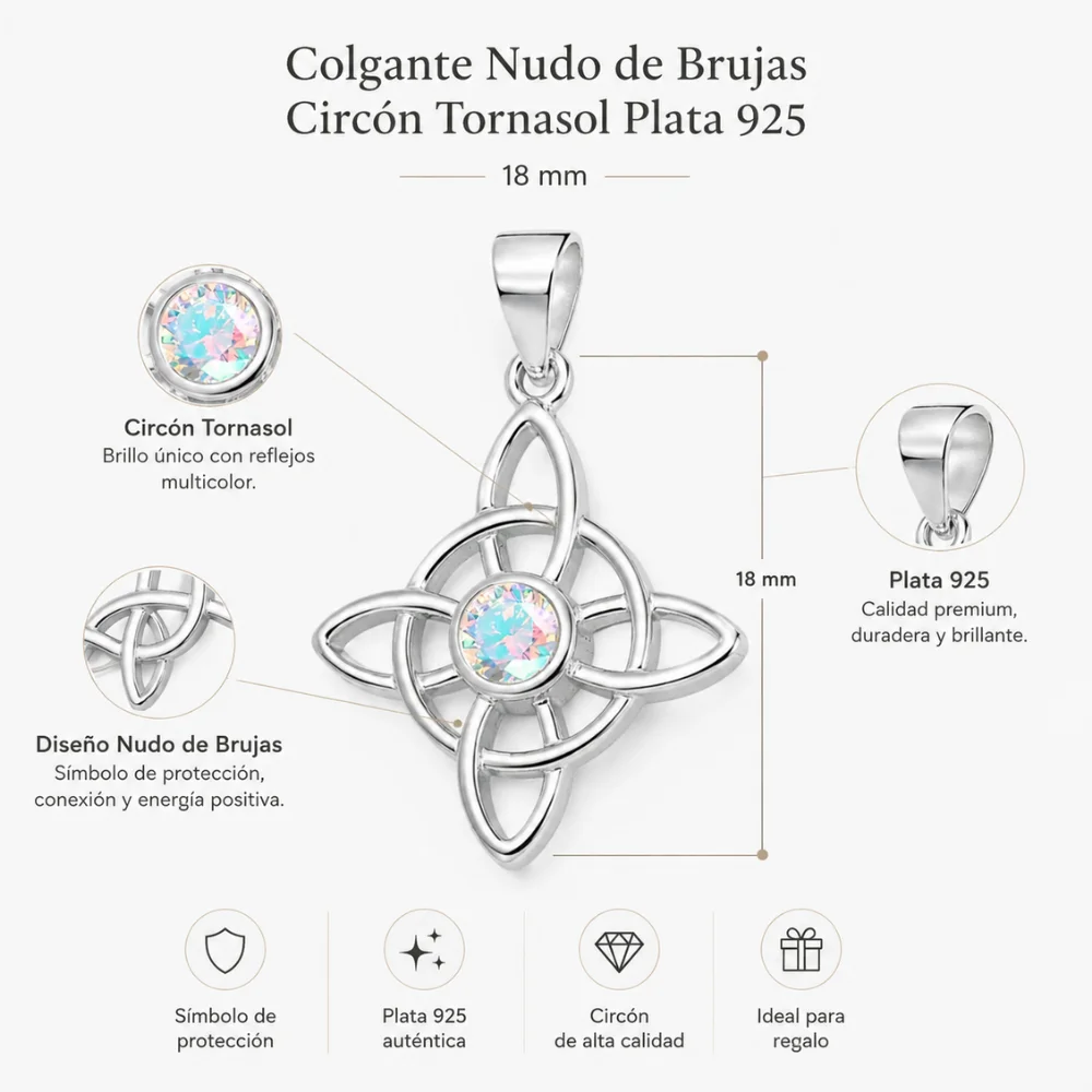 Colgante nudo de brujas circón tornasol plata 925 caracteristicas Colgante nudo de brujas circón tornasol plata 925 caracteristicas