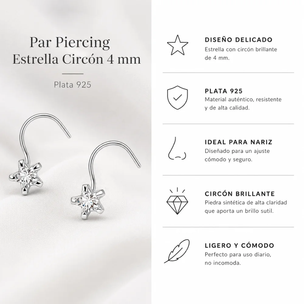Par piercing estrella circón 4 mm plata 925 caracteristicas Par piercing estrella circón 4 mm plata 925 caracteristicas