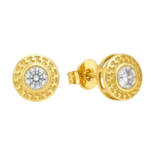 Aros con diseño greca y circón 10 mm baño de oro 18k Aros con diseño greca y circón 10 mm baño de oro 18k