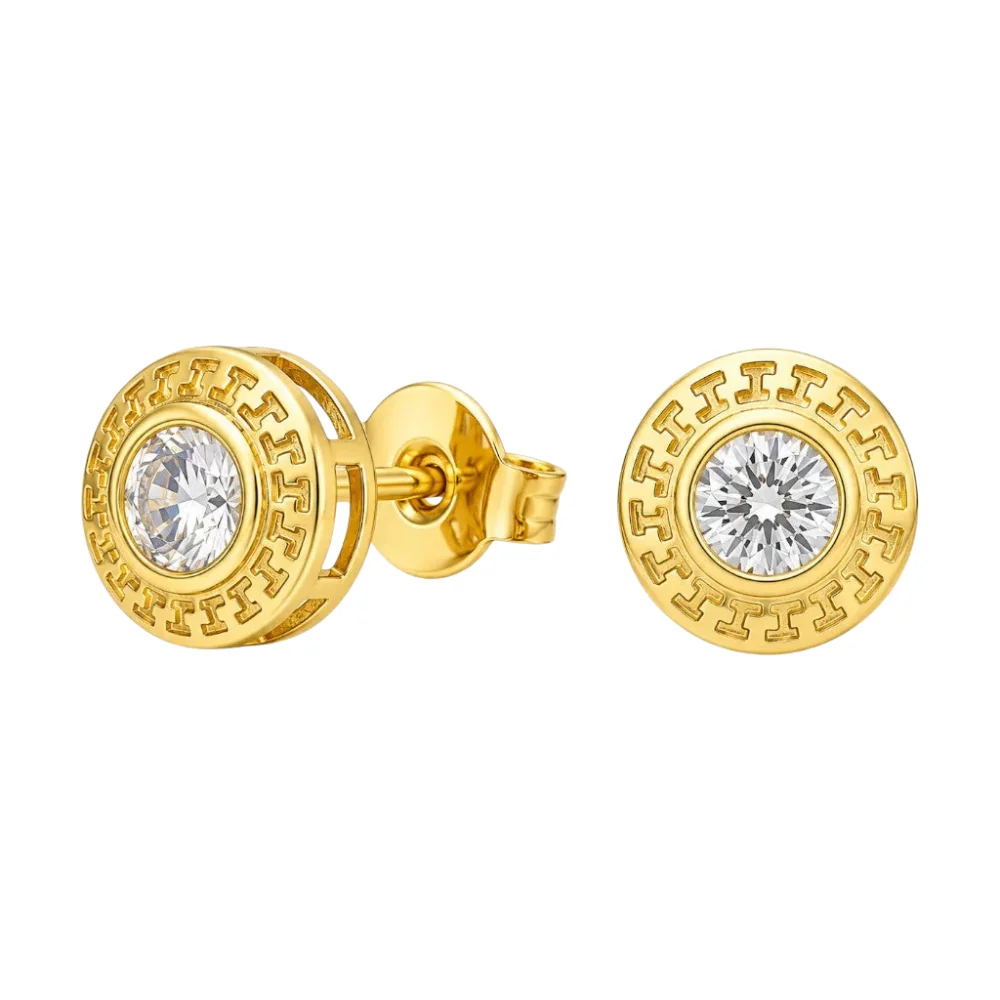 Aros diseño greca circón 10 mm baño de oro 18k derecha Aros diseño greca circón 10 mm baño de oro 18k derecha