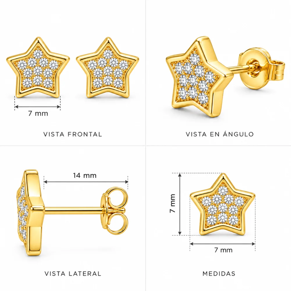 Aros estrella con circones 7 mm baño de oro 18k caracteristicas Aros estrella con circones 7 mm baño de oro 18k caracteristicas