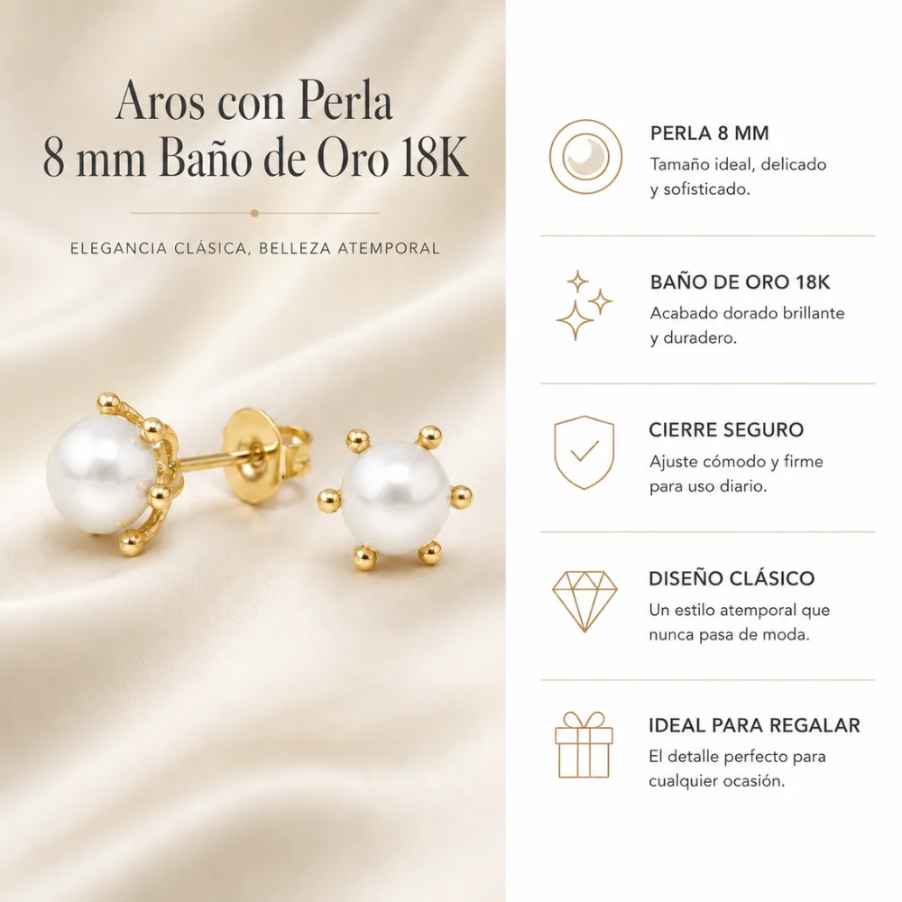 Aros con perla 8 mm baño de oro 18k cacteristicas Aros con pistilo y perla 8 mm baño de oro 18k