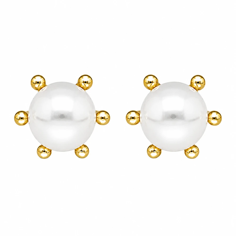 Aros con perla 8 mm baño de oro 18k frontal Aros con pistilo y perla 8 mm baño de oro 18k