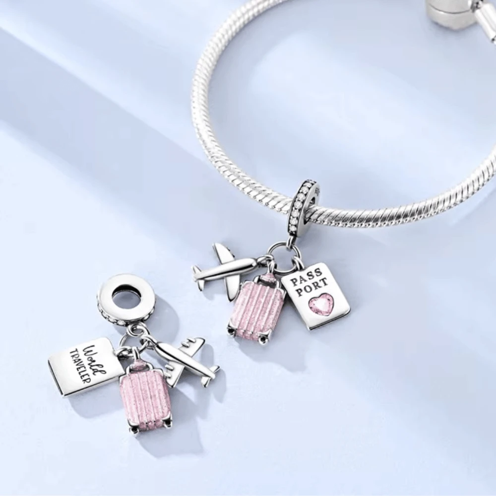 Dije viaje avión, maleta y pasaporte rosa pulsera Dije viaje avión, maleta y pasaporte rosa pulsera
